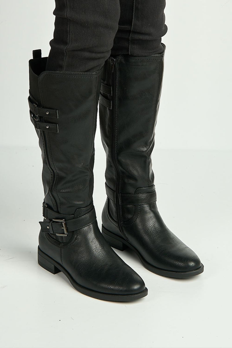 Wishbone Ines Boot Ines Gold Buckle 2 Strap Knee High Boots in Black – Miss Diva