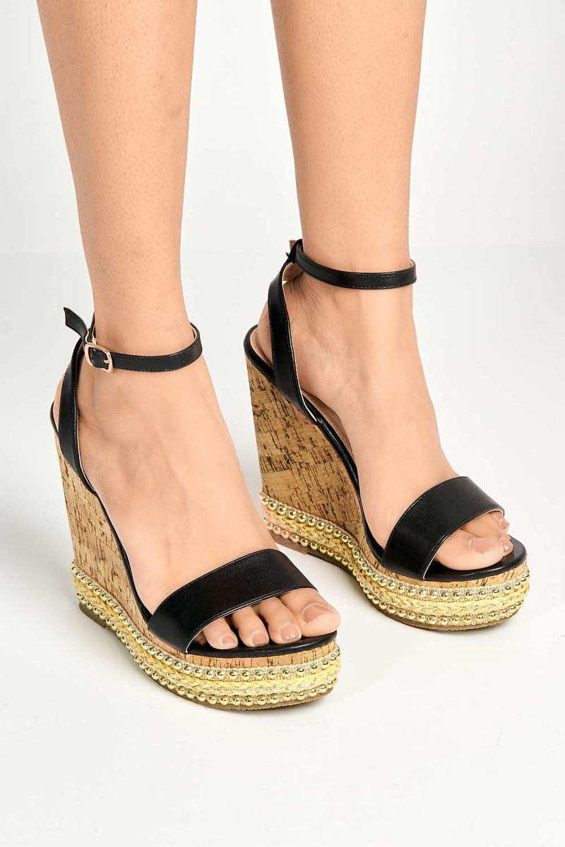 Junee Pearl Trim High Wedge Sandals in Black Matt Miss Diva