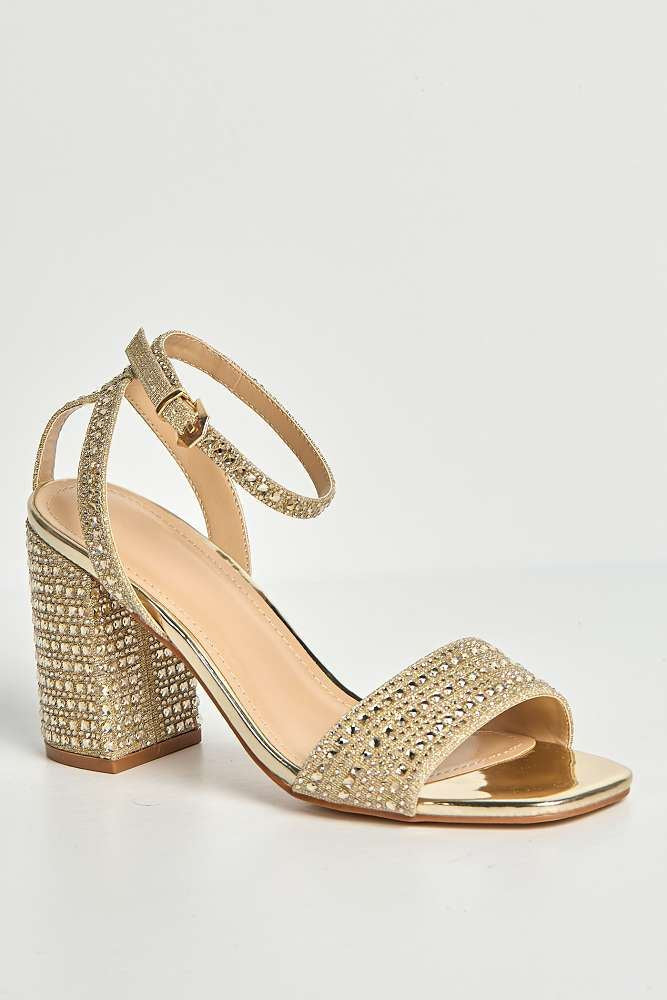Rinesa Gemstone Encrusted Block Heel Anklestrap Sandals in Gold