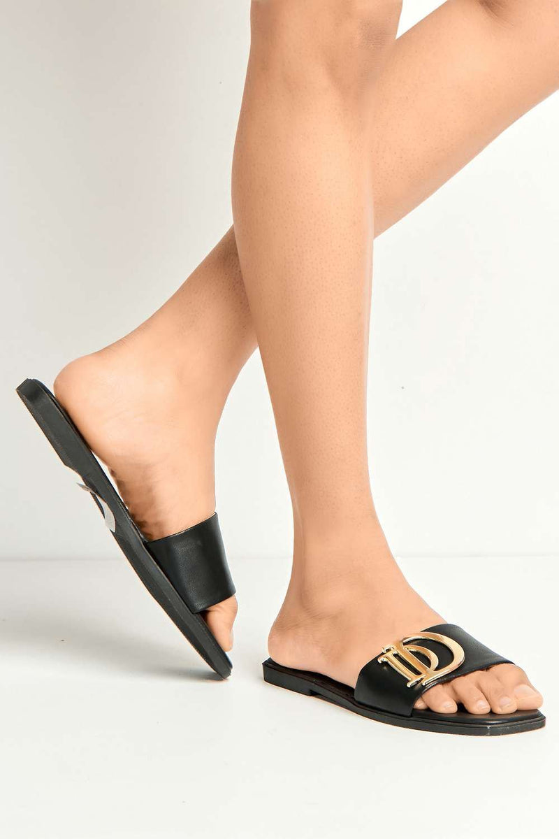 Darcy D Letters Broach Flat Sliders in Black – Miss Diva