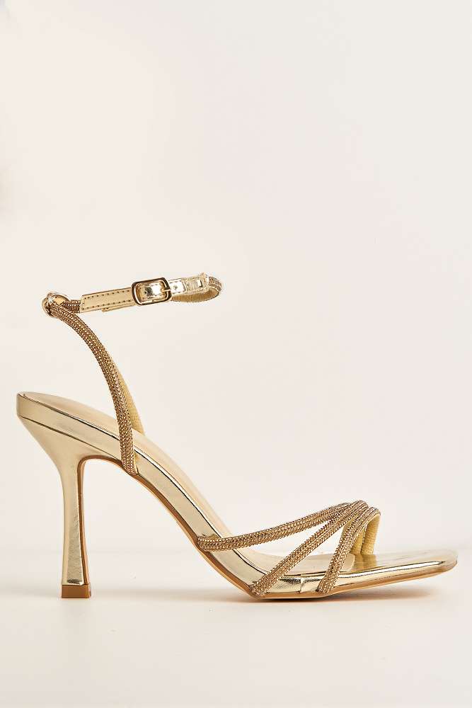 Camina Diamante Embellished 3 Strap Heeled Sandals in Gold