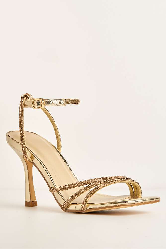 Camina Diamante Embellished Strap Heeled Sandals in Gold – Miss Diva