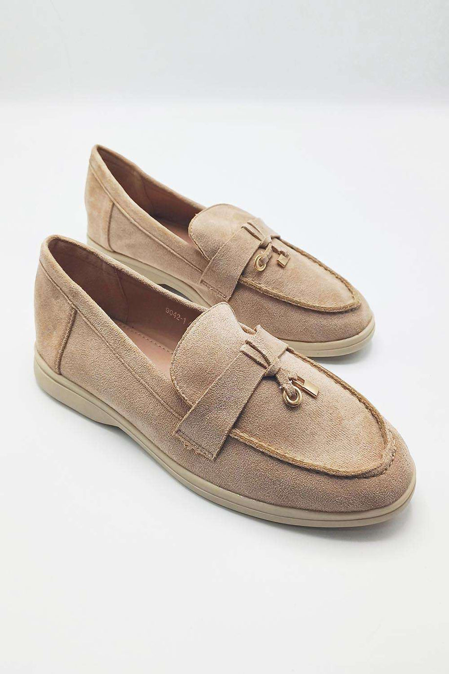 Tonya Charm Detail Slip-On Faux Suede Loafers in Mocha – Miss Diva