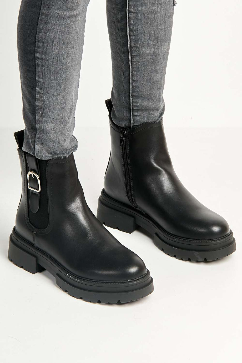 Inge Buckle Detail Stretch Panel Ankle Boots in Black Matt – Miss Diva