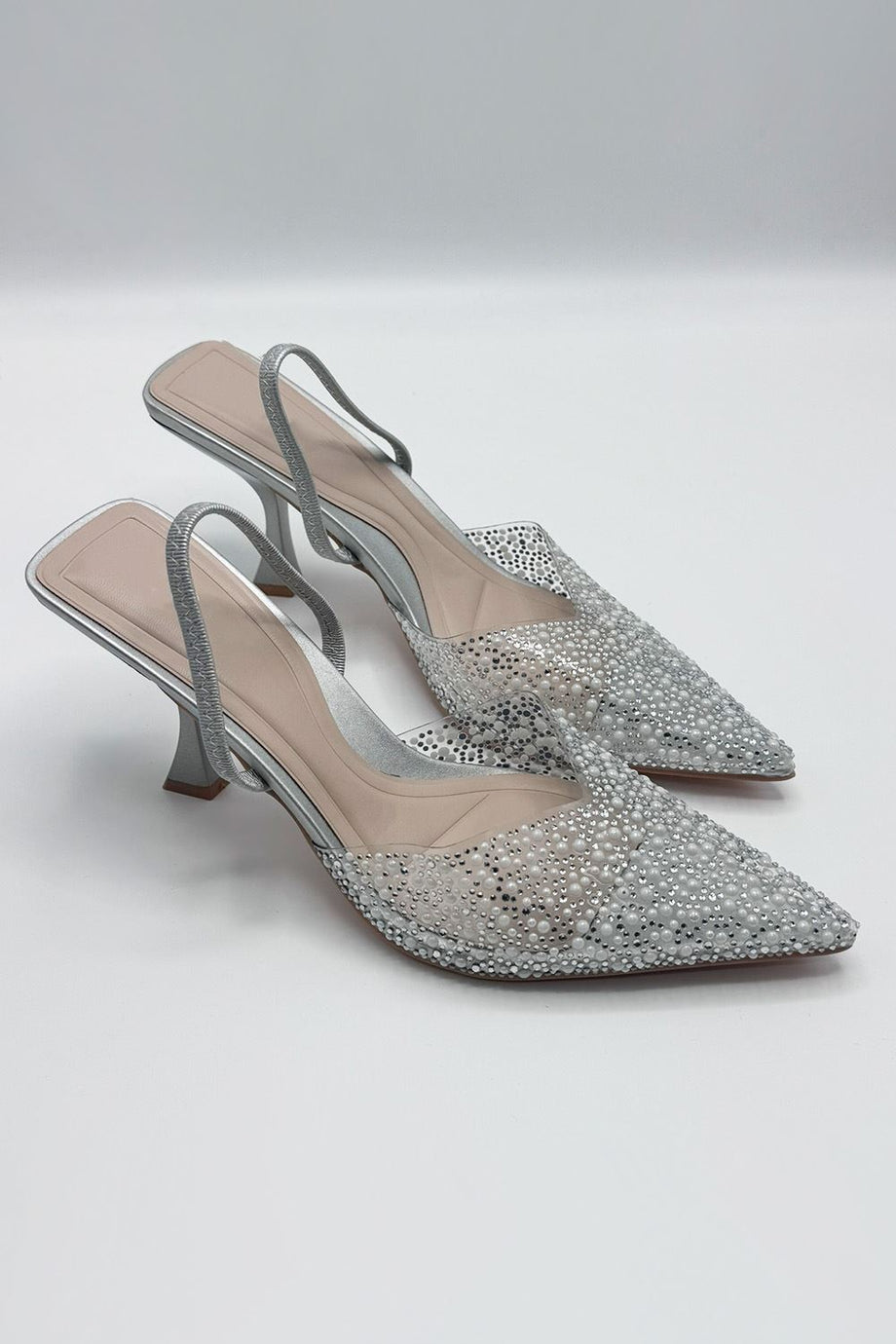 Juliana Pointed Toe Pearl Embellished Court Shoes in Silver – Miss