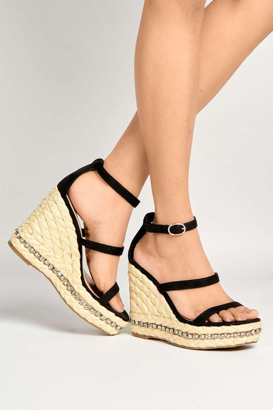 Michelle Espadrille Ankle Strap Stud Sole Sandal Wedge in Black
