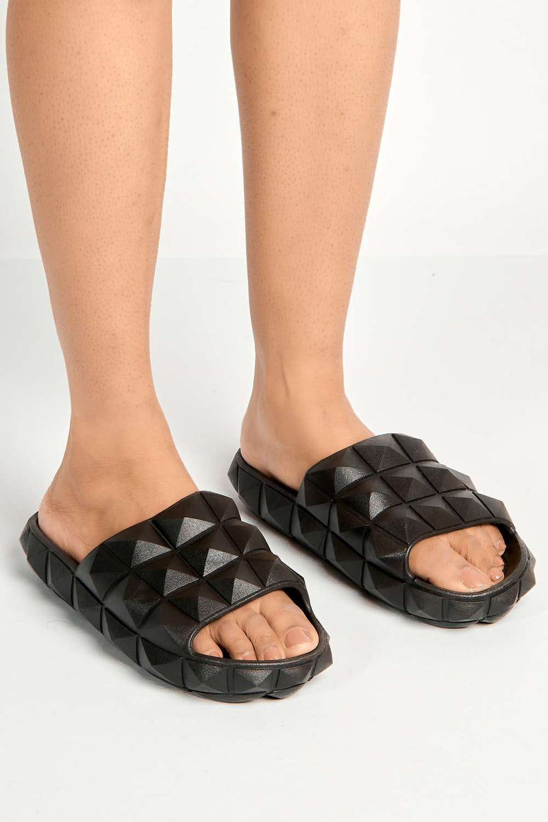 Gea Studded Texture Flat Sliders in Black – Miss Diva