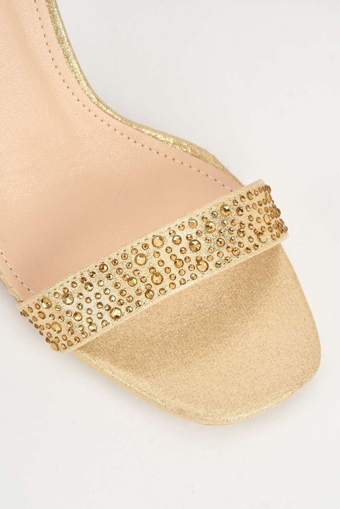 Santana Diamante Embellished Ankle Strap Block Heel Sandal in Gold Heels Miss Diva 
