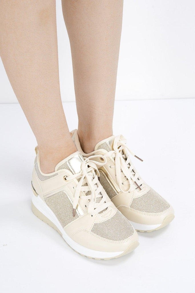 Katie Lace Up Trainer in PU Leather and Metal Detailing in Beige Trainers Miss Diva 