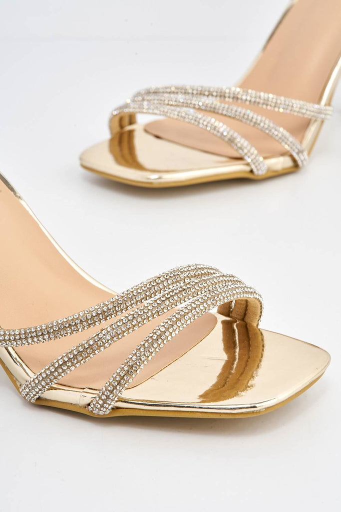Camina Diamante Embellished 3 Strap Heeled Sandals in Gold Heels Miss Diva 