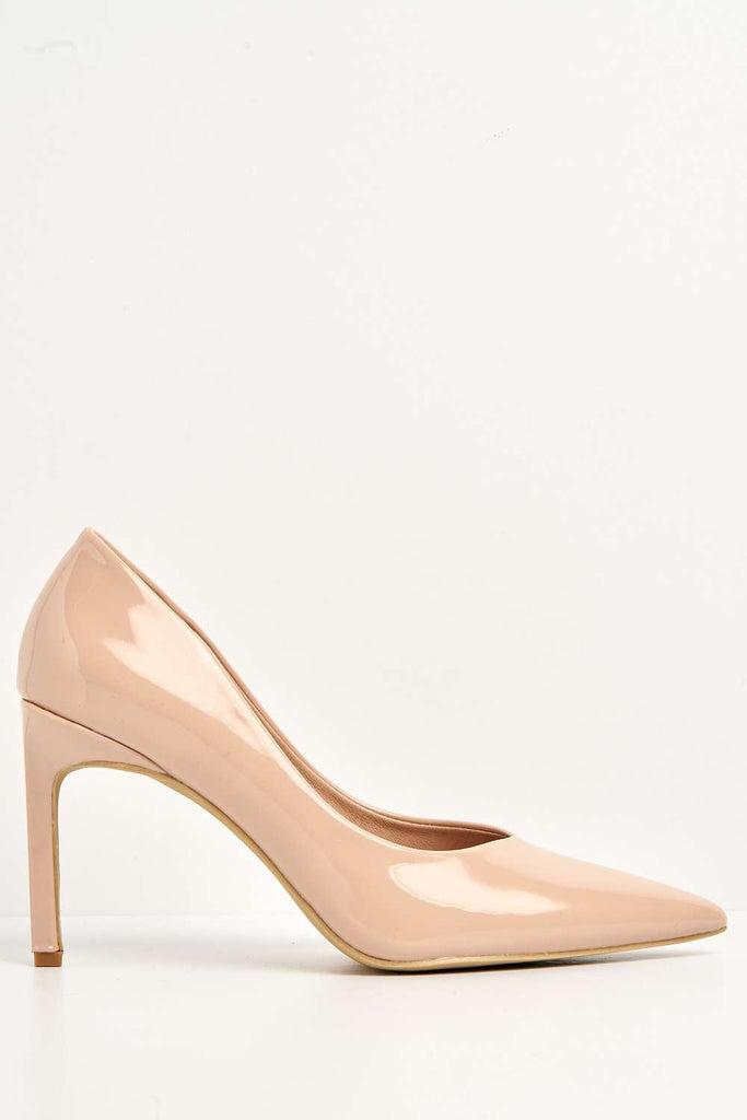 Poppie Pointed Toe Court Shoes in Nude Patent Heels Miss Diva 