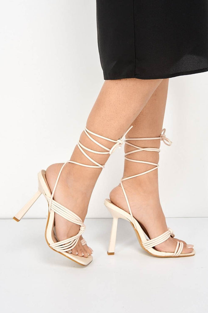 Evora Toe Ring Lace-up Strappy Sandal in Nude Heels Miss Diva 