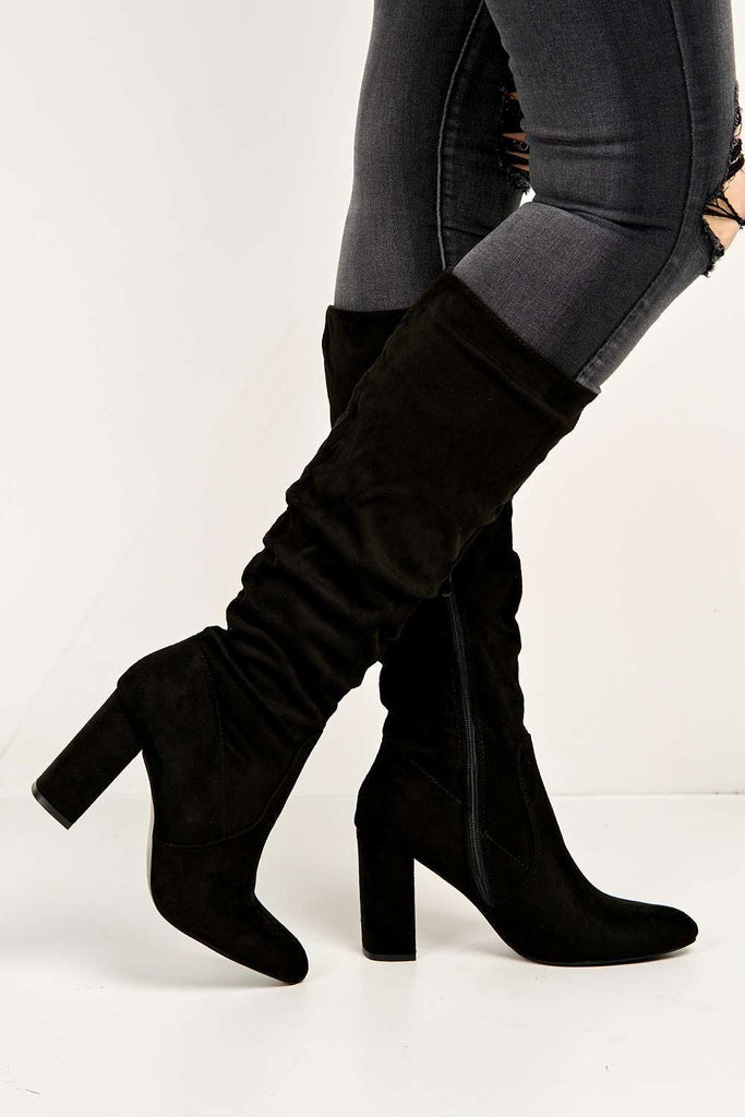 Aphi Knee High Block Heel Boots in Black Suede Boots Miss Diva 