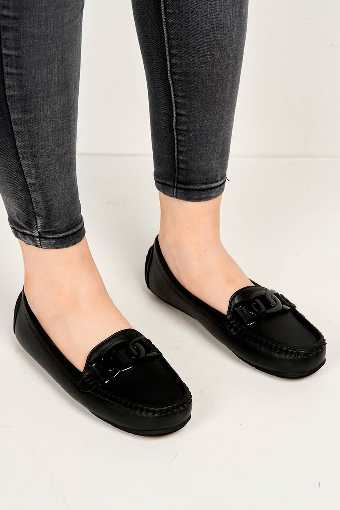 Kristin Flat Square Toe Loafers with Chain Detail in Black Flats Miss Diva 