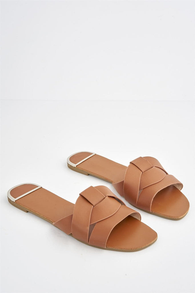 Genesis Flat Faux Leather Sandal in Tan Heels Miss Diva 