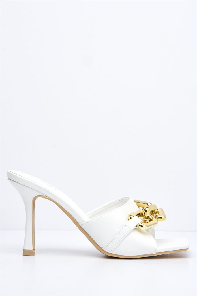 Viola Square-toe Mule with Chain Detail in White Heels Miss Diva 
