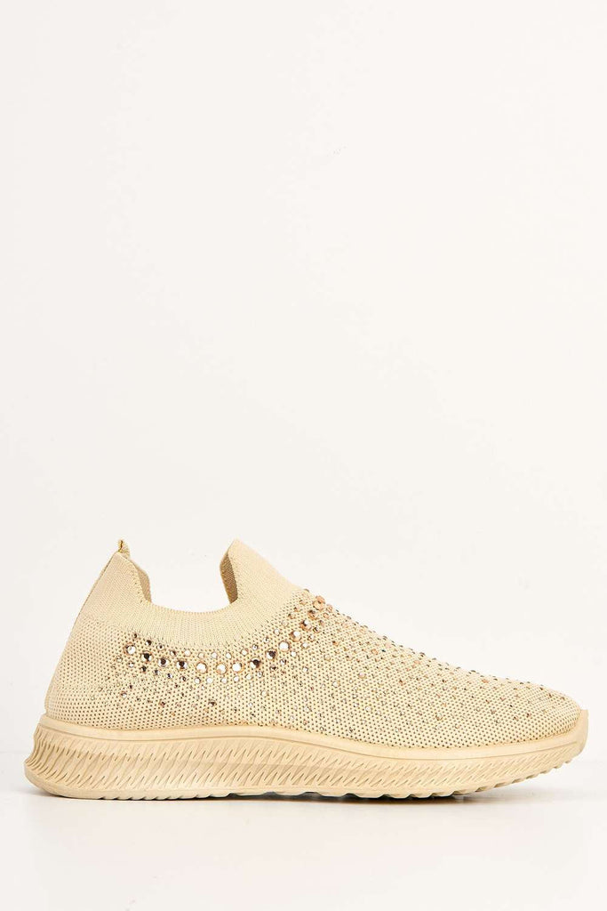 Stilla Diamante Embellished Slip-on Trainer in Beige Trainers Miss Diva 