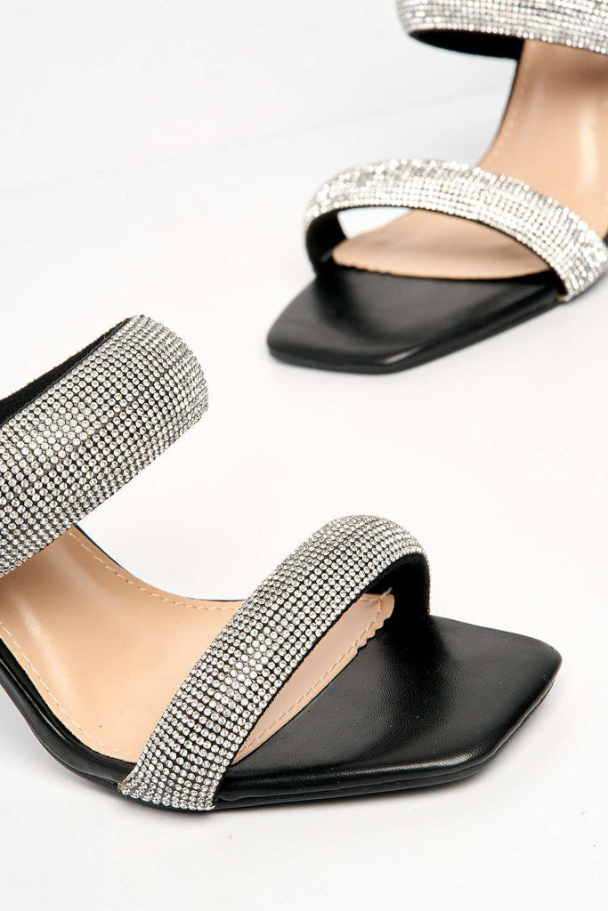 Cait 2 Strap Diamante Band Block Heel Mule in Black Heels Miss Diva 