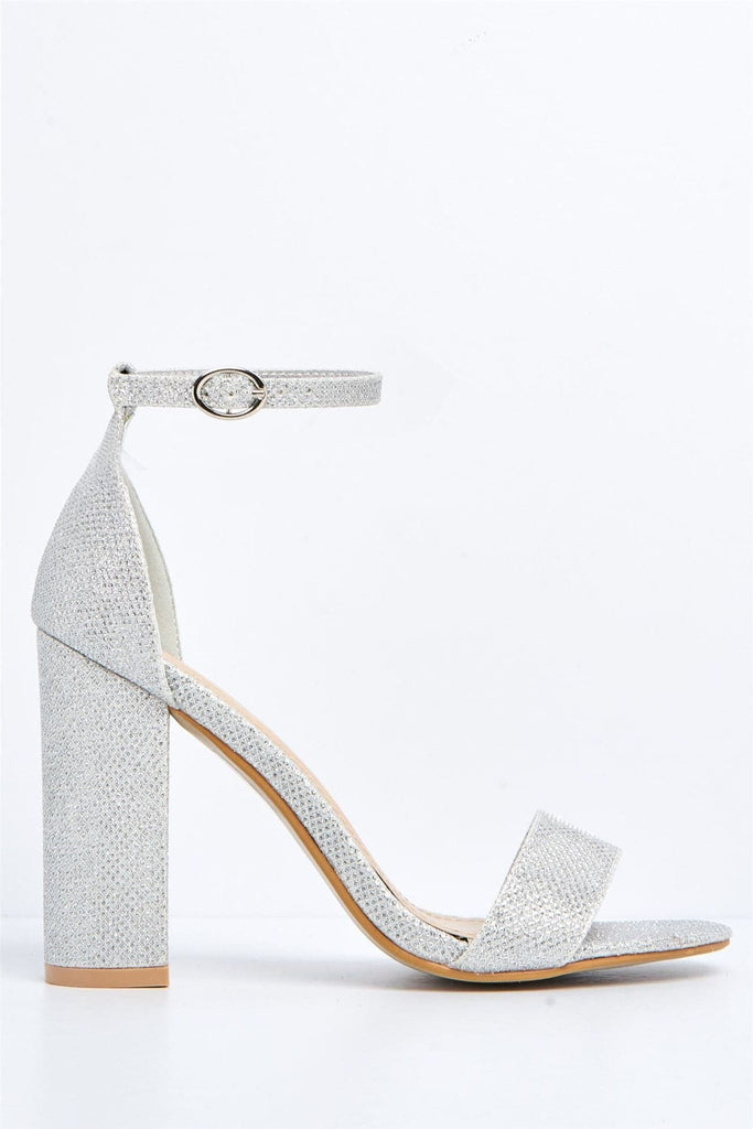 May Barely There Block Heel Ankle Strap Sandal in Silver Mesh Heels Miss Diva 