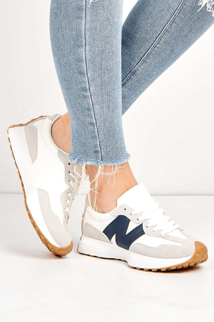 Flexi Two-Tone PU Detail Lace-up Trainers in White / Navy Trainers Miss Diva 