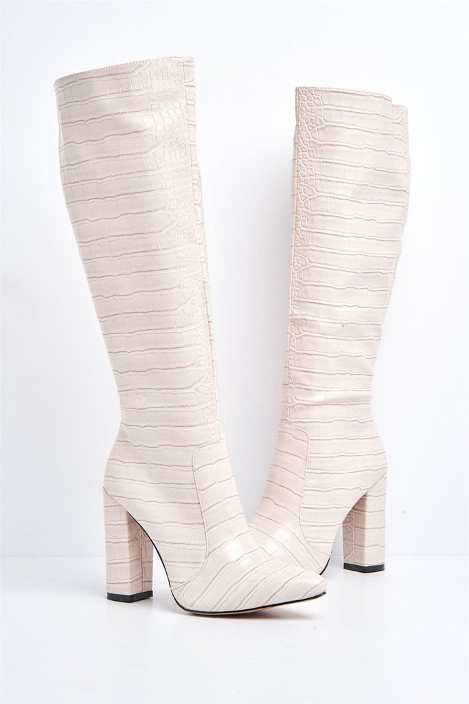 Darya Pointed Toe Knee High Boot with Zip in Nude Croc Boots Miss Diva 