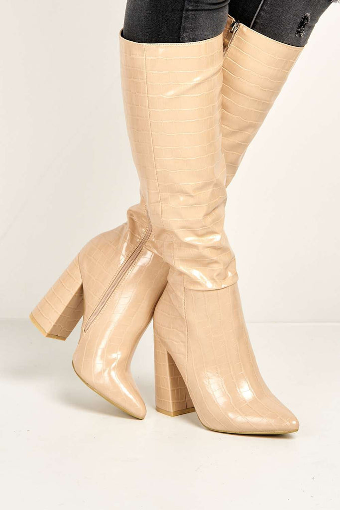 Simran Pointed Toe Knee High Boots with Zip in Nude Croc Boots Miss Diva 