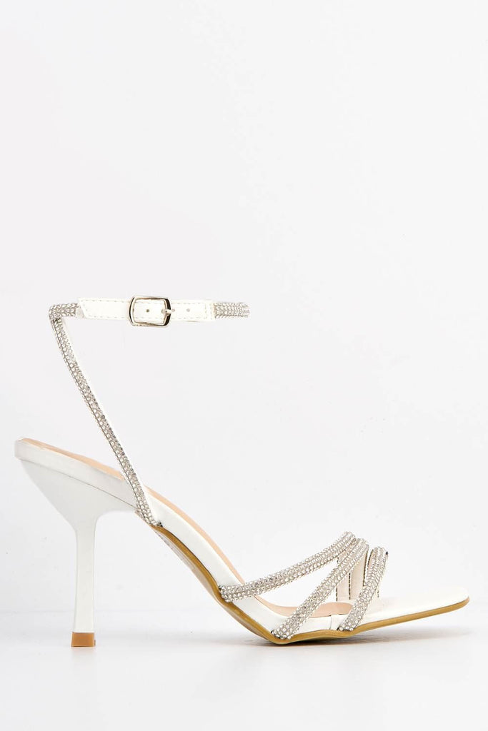 Camina Diamante Embellished 3 Strap Heeled Sandals in White Heels Miss Diva 