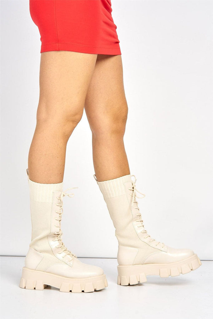Monica Chunky Lace-up Calf Boot in Beige Boots Miss Diva 