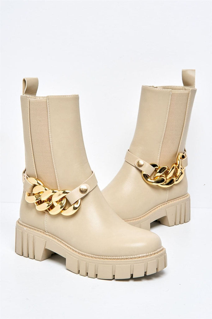 Annee Chain Detail Chunky Ankle Boots in Beige Boots Miss Diva 