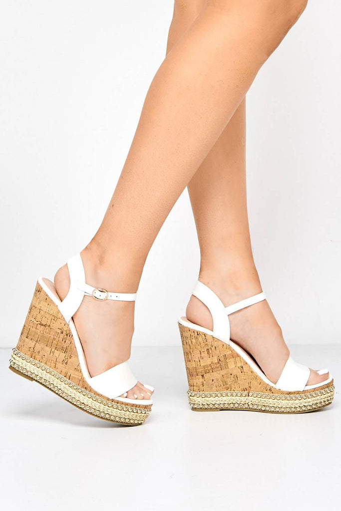 Sydney Flat Stud Sole Anklestrap Wedge in White PU Heels Miss Diva 