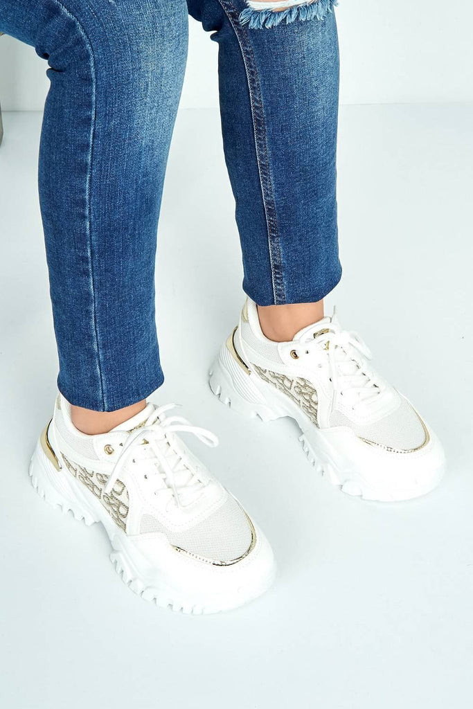 Castelo Knit & Text Detail Chunky Trainer in White Trainers Miss Diva 