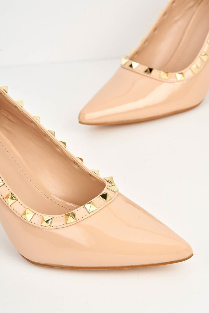 Zafira Gold Studded Court Shoes in Nude Patent Heels Miss Diva 