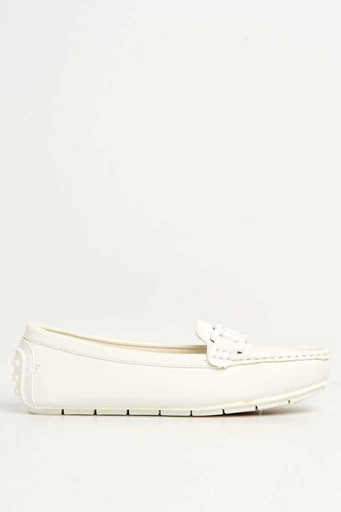 Kristin Flat Square Toe Loafers with Chain Detail in White Flats Miss Diva 
