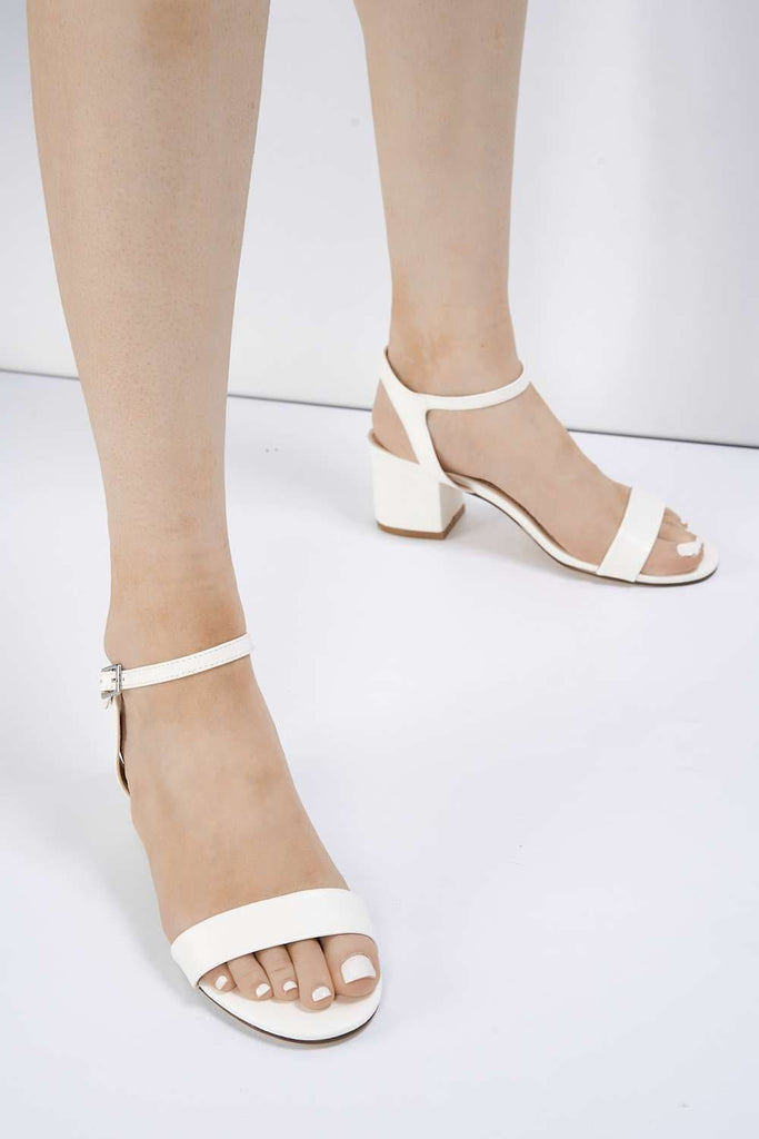 Flori Thick Anklestrap & Band Heeled Sandal in White PU Heels Miss Diva 
