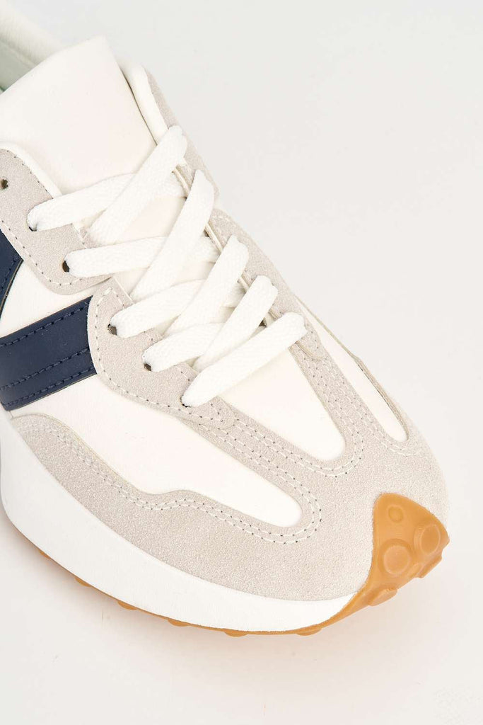 Flexi Two-Tone PU Detail Lace-up Trainers in White / Navy Trainers Miss Diva 