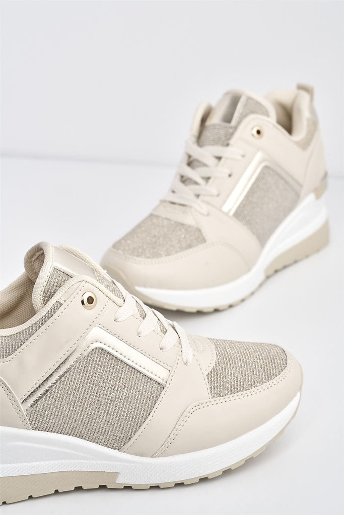 Katie Lace Up Trainer in PU Leather and Metal Detailing in Beige Trainers Miss Diva 