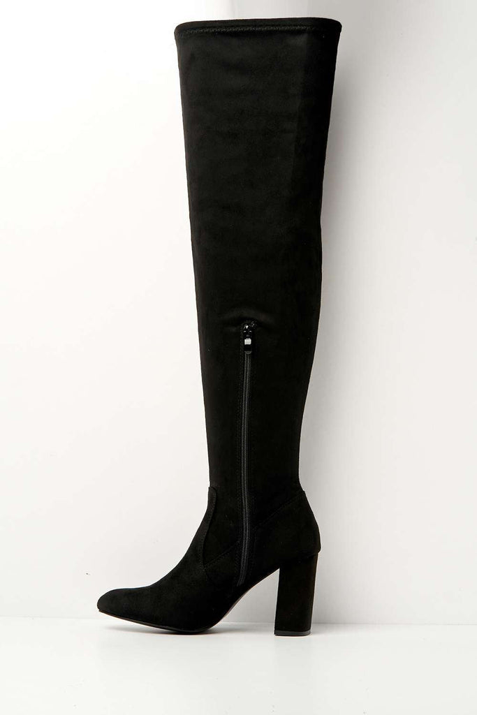Thivira Over The Knee Block Heel Boots in Black Suede Boots Miss Diva 