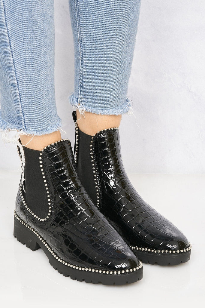 Emma Stud Detailing Sole Ankle Boot In Black Silver Croc Boots Miss Diva 