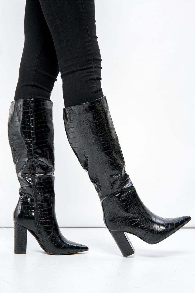 Darya Pointed Toe Knee High Boot with Zip in Black Croc Boots Miss Diva 