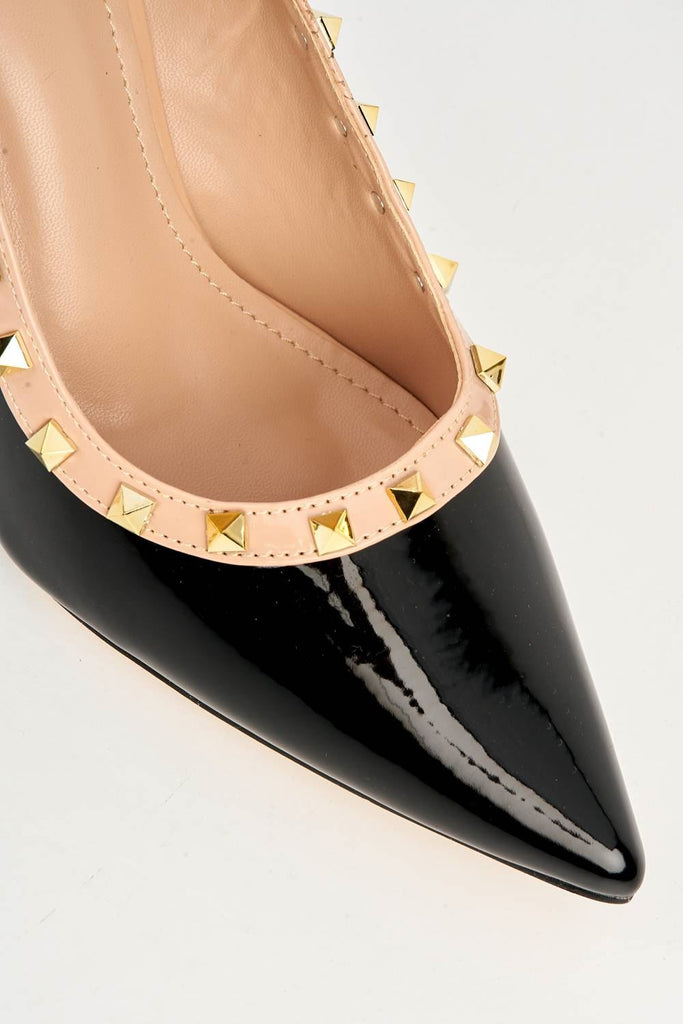 Zafira Gold Studded Court Shoes in Black Patent Heels Miss Diva 