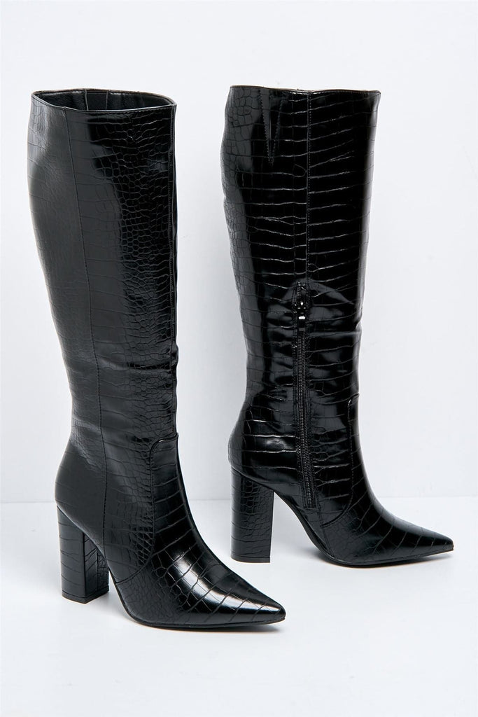 Darya Pointed Toe Knee High Boot with Zip in Black Croc Boots Miss Diva 