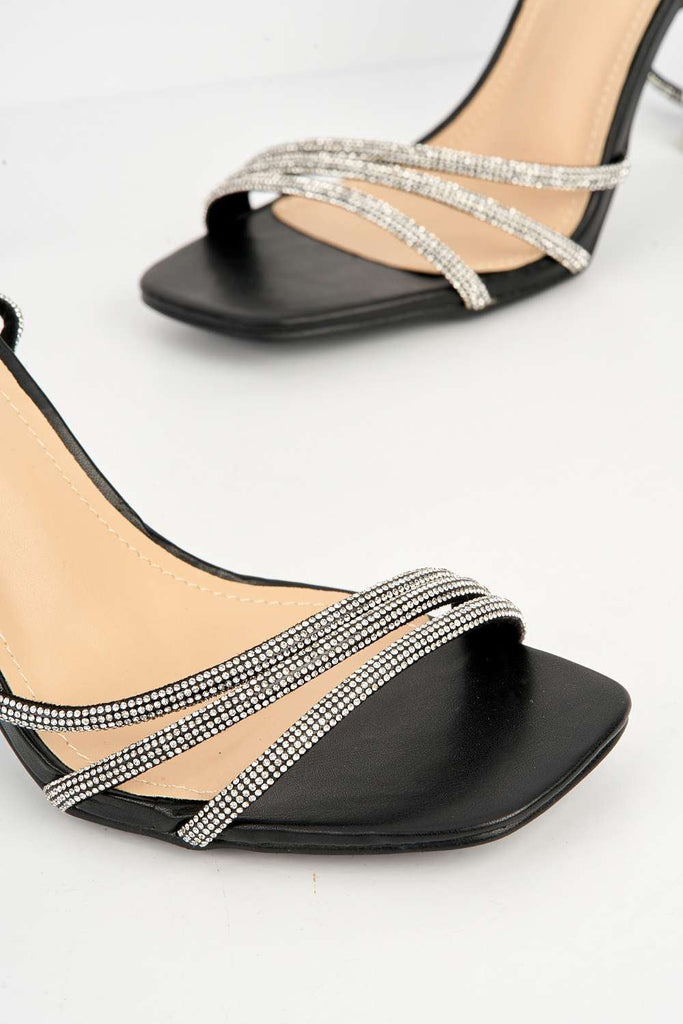 Lilliana Diamante Embellished Sandals with Perspex Heel in Black Heels Miss Diva 