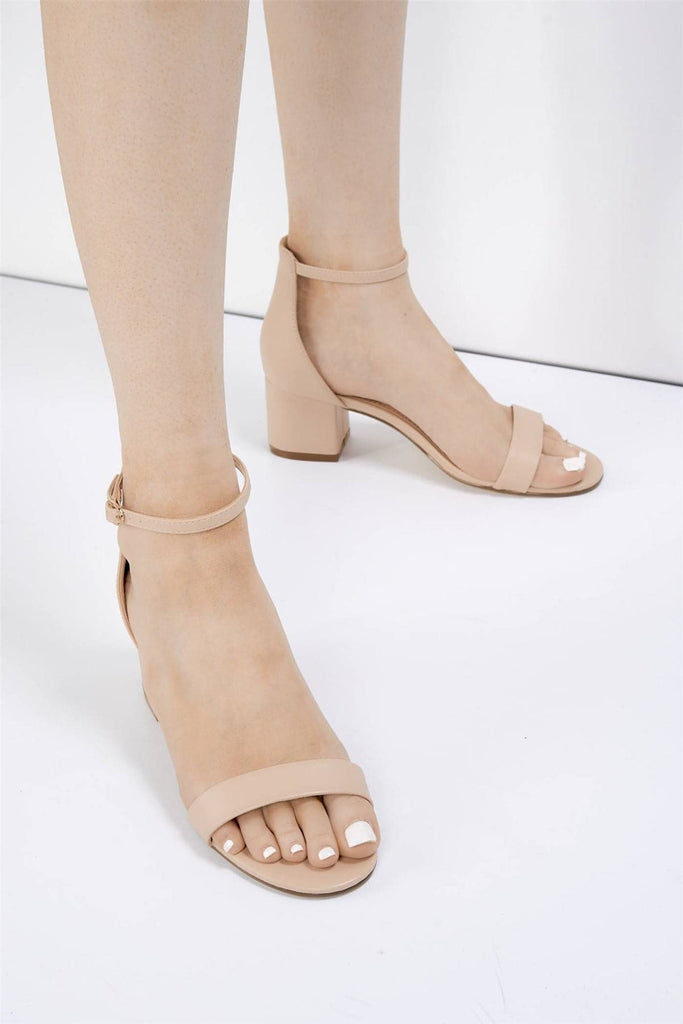 Karley Barely There Ankle Strap Block Heel Sandal in Nude PU Heels Miss Diva 