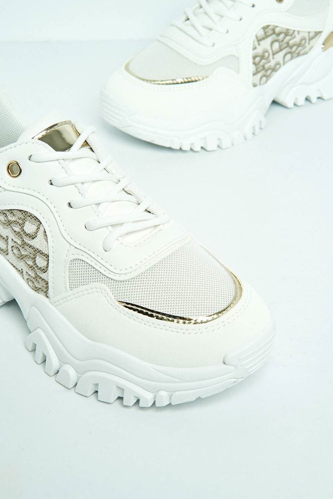 Castelo Knit & Text Detail Chunky Trainer in White Trainers Miss Diva 