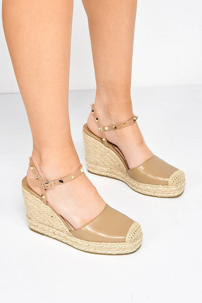 Alala Round Toe Studded Anklestrap Espadrille Wedge in Taupe Heels Miss Diva 