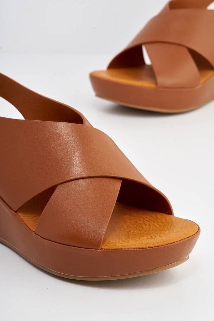 Klara Criss-Cross Straps Wedge Sandals in Tan Heels Miss Diva 