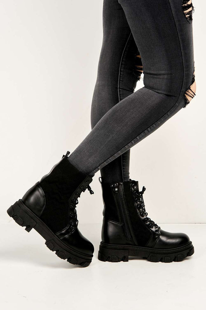Movia Textured Stretch Panel Lace-up Combat Boots in Black Boots Miss Diva 