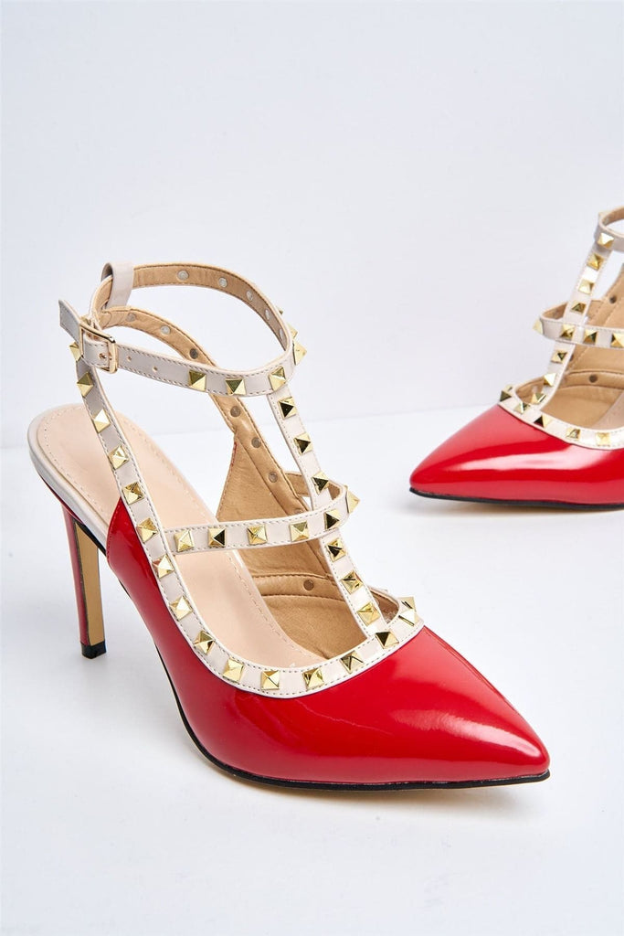 Vienna Studded Anklestrap Heels in Red Patent Heels Miss Diva 