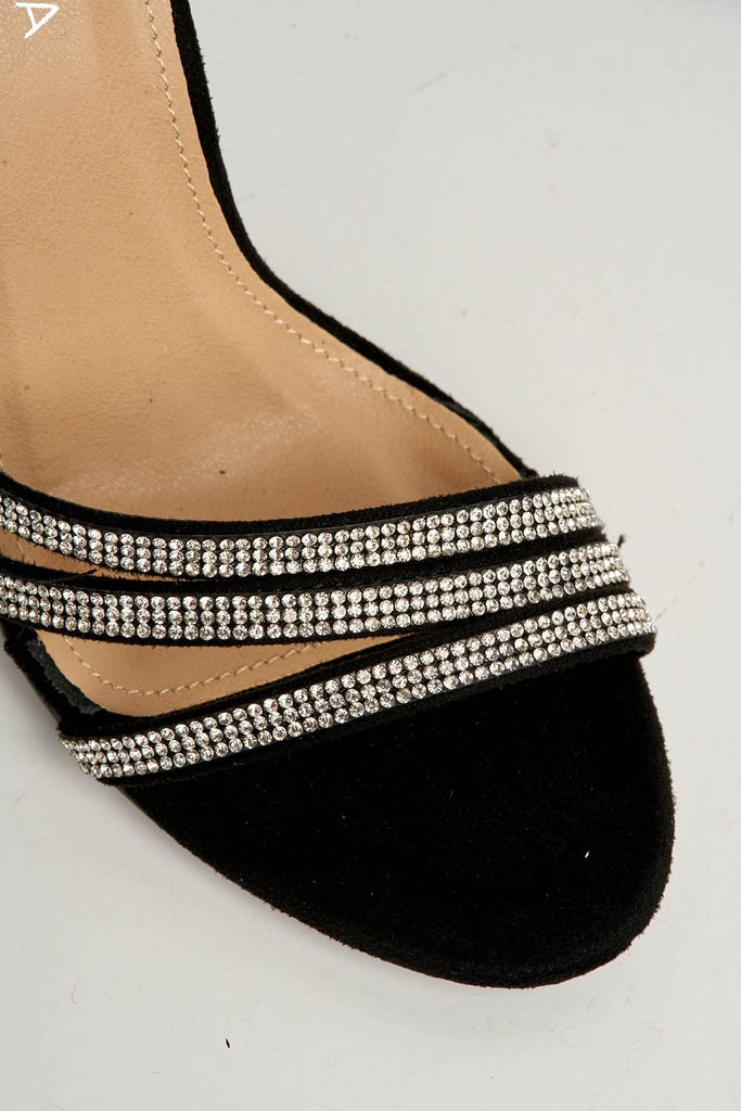 Theda Block Heel Diamante Embellished Ankle Strap Sandals in Black Sudede Heels Miss Diva 
