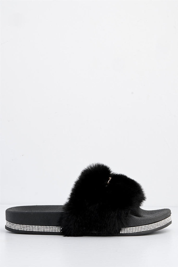 Mabel Furry Slider With Buckle in Black Flats Miss Diva 